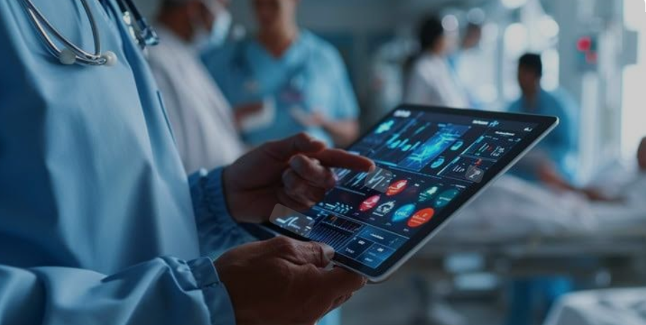 Doctor using digital tablet with health icons